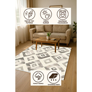 Krem Ve Gri Renkli Halı, Geometrik Desenli, Yıkanabilir Ve Evcil Hayvan Dostu