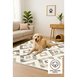 Krem Ve Gri Renkli Halı, Geometrik Desenli, Yıkanabilir Ve Evcil Hayvan Dostu