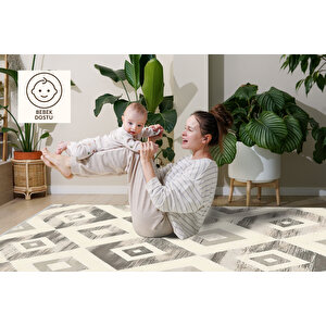 Krem Ve Gri Renkli Halı, Geometrik Desenli, Yıkanabilir Ve Evcil Hayvan Dostu