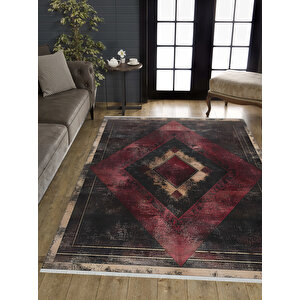 Bordo Ve Siyah Renkli Halı, Geometrik Desenli, Yıkanabilir Ve Evcil Hayvan Dostu 160x230 cm