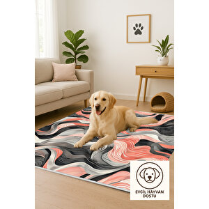 Somon Ve Siyah Tonlarında Halı, Soyut Dalga Desenli, Yıkanabilir Ve Evcil Hayvan Dostu