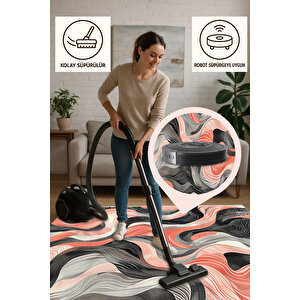 Somon Ve Siyah Tonlarında Halı, Soyut Dalga Desenli, Yıkanabilir Ve Evcil Hayvan Dostu