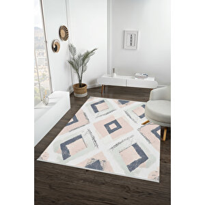 Pudra Ve Lacivert Renkli Halı, Geometrik Desenli, Yıkanabilir Ve Evcil Hayvan Dostu 150x150 cm