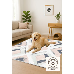 Pudra Ve Lacivert Renkli Halı, Geometrik Desenli, Yıkanabilir Ve Evcil Hayvan Dostu