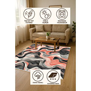 Somon Ve Siyah Tonlarında Halı, Soyut Dalga Desenli, Yıkanabilir Ve Evcil Hayvan Dostu