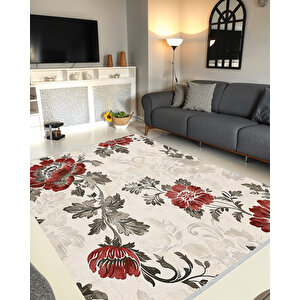 Kırmızı Ve Gri Çiçek Desenli Halı – Krem Zeminli – Makinede Yıkanabilir, Tüy Tutmaz, Pamuk Dokuma Tabanlı 120x270 cm