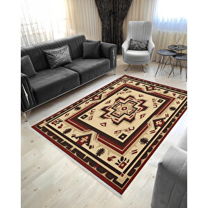 Bej Ve Bordo Etnik Desenli Halı – Geleneksel Motiflerle  – Makinede Yıkanabilir, Tüy Tutmaz, Pamuk Dokuma Tabanlı 200x270 cm