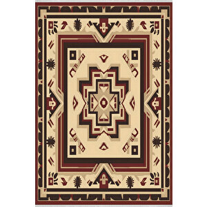 Bej Ve Bordo Etnik Desenli Halı – Geleneksel Motiflerle  – Makinede Yıkanabilir, Tüy Tutmaz, Pamuk Dokuma Tabanlı 200x270 cm