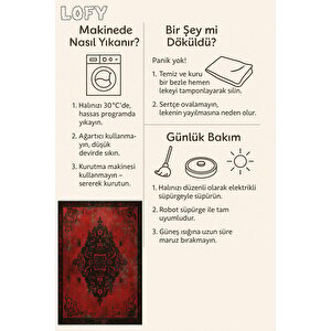 Derin Kırmızı Eskitme Halı – Siyah Desenli, Yıkanabilir, Toz Tutmaz, Evcil Hayvan Dostu
