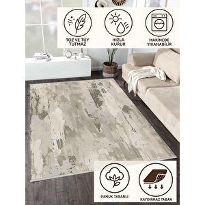 Soyut Desenli Halı – Bej Ve Gri – Makinede Yıkanabilir, Kaymaz Ve İnce Tabanlı