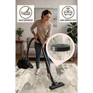 Soyut Desenli Halı – Bej Ve Gri – Makinede Yıkanabilir, Kaymaz Ve İnce Tabanlı