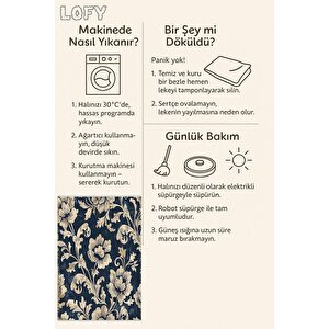 Barok Çiçek Desenli Halı – Lacivert Ve Krem – Klasik Bir Duruş, Makinede Yıkanabilir, Kaymaz Ve İnce Tabanlı
