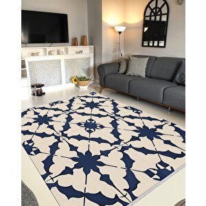 Halı – Lacivert; Krem – Geometrik Desen, Pamuk Dokuma Taban, Makinede Yıkanabilir, Kolay Temizlenebilir, Toz Ve Tüy Tutmaz, Kaymaz, Evcil Hayvan Dostu 160x350 cm
