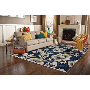 Barok Çiçek Desenli Halı – Lacivert Ve Krem – Klasik Bir Duruş, Makinede Yıkanabilir, Kaymaz Ve İnce Tabanlı 200x220 cm