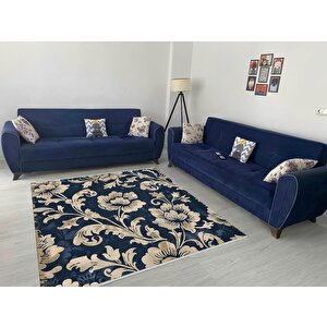 Barok Çiçek Desenli Halı – Lacivert Ve Krem – Klasik Bir Duruş, Makinede Yıkanabilir, Kaymaz Ve İnce Tabanlı