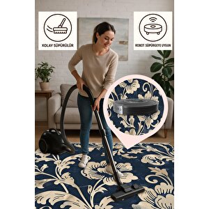 Barok Çiçek Desenli Halı – Lacivert Ve Krem – Klasik Bir Duruş, Makinede Yıkanabilir, Kaymaz Ve İnce Tabanlı