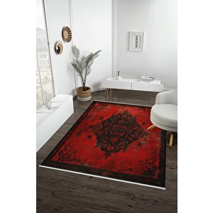 Derin Kırmızı Eskitme Halı – Siyah Desenli, Yıkanabilir, Toz Tutmaz, Evcil Hayvan Dostu 120x270 cm