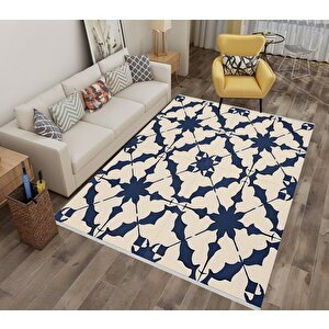 Halı – Lacivert; Krem – Geometrik Desen, Pamuk Dokuma Taban, Makinede Yıkanabilir, Kolay Temizlenebilir, Toz Ve Tüy Tutmaz, Kaymaz, Evcil Hayvan Dostu 120x270 cm