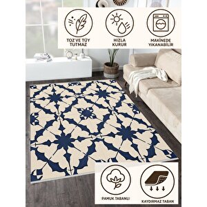 Halı – Lacivert; Krem – Geometrik Desen, Pamuk Dokuma Taban, Makinede Yıkanabilir, Kolay Temizlenebilir, Toz Ve Tüy Tutmaz, Kaymaz, Evcil Hayvan Dostu
