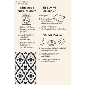 Halı – Lacivert; Krem – Geometrik Desen, Pamuk Dokuma Taban, Makinede Yıkanabilir, Kolay Temizlenebilir, Toz Ve Tüy Tutmaz, Kaymaz, Evcil Hayvan Dostu