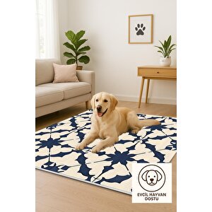 Halı – Lacivert; Krem – Geometrik Desen, Pamuk Dokuma Taban, Makinede Yıkanabilir, Kolay Temizlenebilir, Toz Ve Tüy Tutmaz, Kaymaz, Evcil Hayvan Dostu