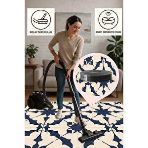 Halı – Lacivert; Krem – Geometrik Desen, Pamuk Dokuma Taban, Makinede Yıkanabilir, Kolay Temizlenebilir, Toz Ve Tüy Tutmaz, Kaymaz, Evcil Hayvan Dostu