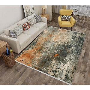 Soyut Desenli Halı – Turuncu, Krem Ve Antrasit – Modern Ve Enerjik Görünüm, Makinede Yıkanabilir, Kaymaz Taban, Toz Ve Tüy Tutmaz 160x180 cm