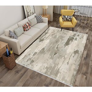 Soyut Desenli Halı – Bej Ve Gri – Makinede Yıkanabilir, Kaymaz Ve İnce Tabanlı 150x240 cm