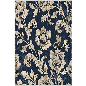 Barok Çiçek Desenli Halı – Lacivert Ve Krem – Klasik Bir Duruş, Makinede Yıkanabilir, Kaymaz Ve İnce Tabanlı 150x300 cm