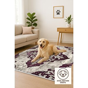 Klasik Motifli Modern Halı – Mor Ve Krem Tonlar – Gösterişli Desen, Makinede Yıkanabilir, Kaymaz Taban, Toz Tutmaz, Evcil Hayvan Dostu