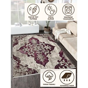 Klasik Motifli Modern Halı – Mor Ve Krem Tonlar – Gösterişli Desen, Makinede Yıkanabilir, Kaymaz Taban, Toz Tutmaz, Evcil Hayvan Dostu 100x100 cm