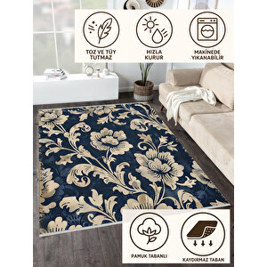 Barok Çiçek Desenli Halı – Lacivert Ve Krem – Klasik Bir Duruş, Makinede Yıkanabilir, Kaymaz Ve İnce Tabanlı 200x270 cm