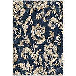 Barok Çiçek Desenli Halı – Lacivert Ve Krem – Klasik Bir Duruş, Makinede Yıkanabilir, Kaymaz Ve İnce Tabanlı 200x270 cm