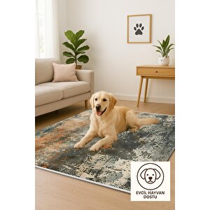 Soyut Desenli Halı – Turuncu, Krem Ve Antrasit – Modern Ve Enerjik Görünüm, Makinede Yıkanabilir, Kaymaz Taban, Toz Ve Tüy Tutmaz