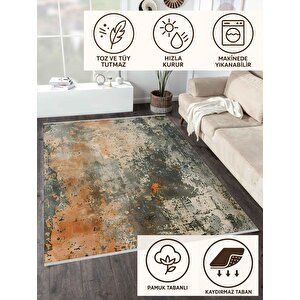 Soyut Desenli Halı – Turuncu, Krem Ve Antrasit – Modern Ve Enerjik Görünüm, Makinede Yıkanabilir, Kaymaz Taban, Toz Ve Tüy Tutmaz