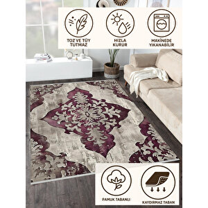Klasik Motifli Modern Halı – Mor Ve Krem Tonlar – Gösterişli Desen, Makinede Yıkanabilir, Kaymaz Taban, Toz Tutmaz, Evcil Hayvan Dostu 150x150 cm
