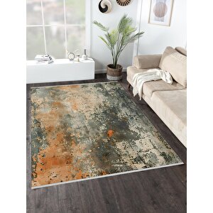 Soyut Desenli Halı – Turuncu, Krem Ve Antrasit – Modern Ve Enerjik Görünüm, Makinede Yıkanabilir, Kaymaz Taban, Toz Ve Tüy Tutmaz 160x350 cm