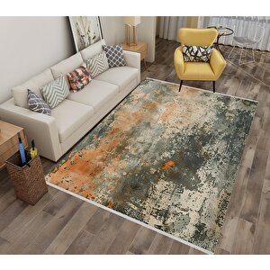 Soyut Desenli Halı – Turuncu, Krem Ve Antrasit – Modern Ve Enerjik Görünüm, Makinede Yıkanabilir, Kaymaz Taban, Toz Ve Tüy Tutmaz 160x350 cm