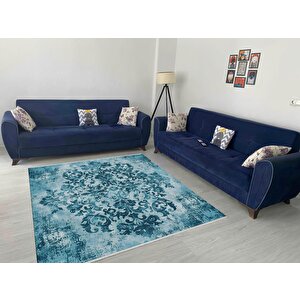 Vintage Damask Desenli Halı – Mavi Tonlar – Eskitme Sanat Dokunuşu, Kolay Temizlik, Makinede Yıkanabilir, Kaymaz Ve İnce Tabanlı 120x180 cm