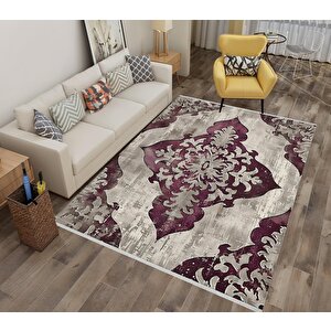 Klasik Motifli Modern Halı – Mor Ve Krem Tonlar – Gösterişli Desen, Makinede Yıkanabilir, Kaymaz Taban, Toz Tutmaz, Evcil Hayvan Dostu 120x270 cm
