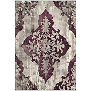 Klasik Motifli Modern Halı – Mor Ve Krem Tonlar – Gösterişli Desen, Makinede Yıkanabilir, Kaymaz Taban, Toz Tutmaz, Evcil Hayvan Dostu 120x270 cm