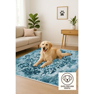 Vintage Damask Desenli Halı – Mavi Tonlar – Eskitme Sanat Dokunuşu, Kolay Temizlik, Makinede Yıkanabilir, Kaymaz Ve İnce Tabanlı