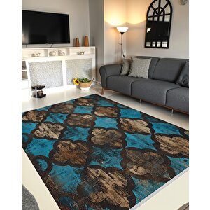 Halı – Mavi; Kahverengi; Siyah – Moroccan Desen, Pamuk Dokuma Taban, Makinede Yıkanabilir, Kolay Temizlenebilir, Toz Ve Tüy Tutmaz, Kaymaz, Evcil Hayvan Dostu 100x100 cm
