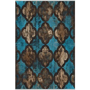 Halı – Mavi; Kahverengi; Siyah – Moroccan Desen, Pamuk Dokuma Taban, Makinede Yıkanabilir, Kolay Temizlenebilir, Toz Ve Tüy Tutmaz, Kaymaz, Evcil Hayvan Dostu 100x100 cm