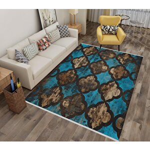 Halı – Mavi; Kahverengi; Siyah – Moroccan Desen, Pamuk Dokuma Taban, Makinede Yıkanabilir, Kolay Temizlenebilir, Toz Ve Tüy Tutmaz, Kaymaz, Evcil Hayvan Dostu