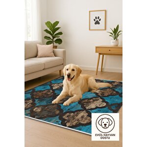 Halı – Mavi; Kahverengi; Siyah – Moroccan Desen, Pamuk Dokuma Taban, Makinede Yıkanabilir, Kolay Temizlenebilir, Toz Ve Tüy Tutmaz, Kaymaz, Evcil Hayvan Dostu