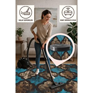 Halı – Mavi; Kahverengi; Siyah – Moroccan Desen, Pamuk Dokuma Taban, Makinede Yıkanabilir, Kolay Temizlenebilir, Toz Ve Tüy Tutmaz, Kaymaz, Evcil Hayvan Dostu