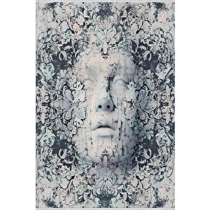 Zamansız Yüz Halı – Lacivert, Lila Ve Pudra – Sanatsal Portre Deseni 150x150 cm