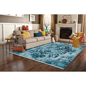 Vintage Damask Desenli Halı – Mavi Tonlar – Eskitme Sanat Dokunuşu, Kolay Temizlik, Makinede Yıkanabilir, Kaymaz Ve İnce Tabanlı 150x300 cm