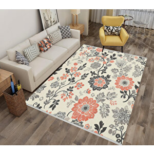 Çiçek Desenli Halı – Krem, Gri, Siyah Ve Turuncu Tonlar – Makinede Yıkanabilir, Toz Tutmaz, Kaymaz Taban, Evcil Hayvan Dostu 200x220 cm